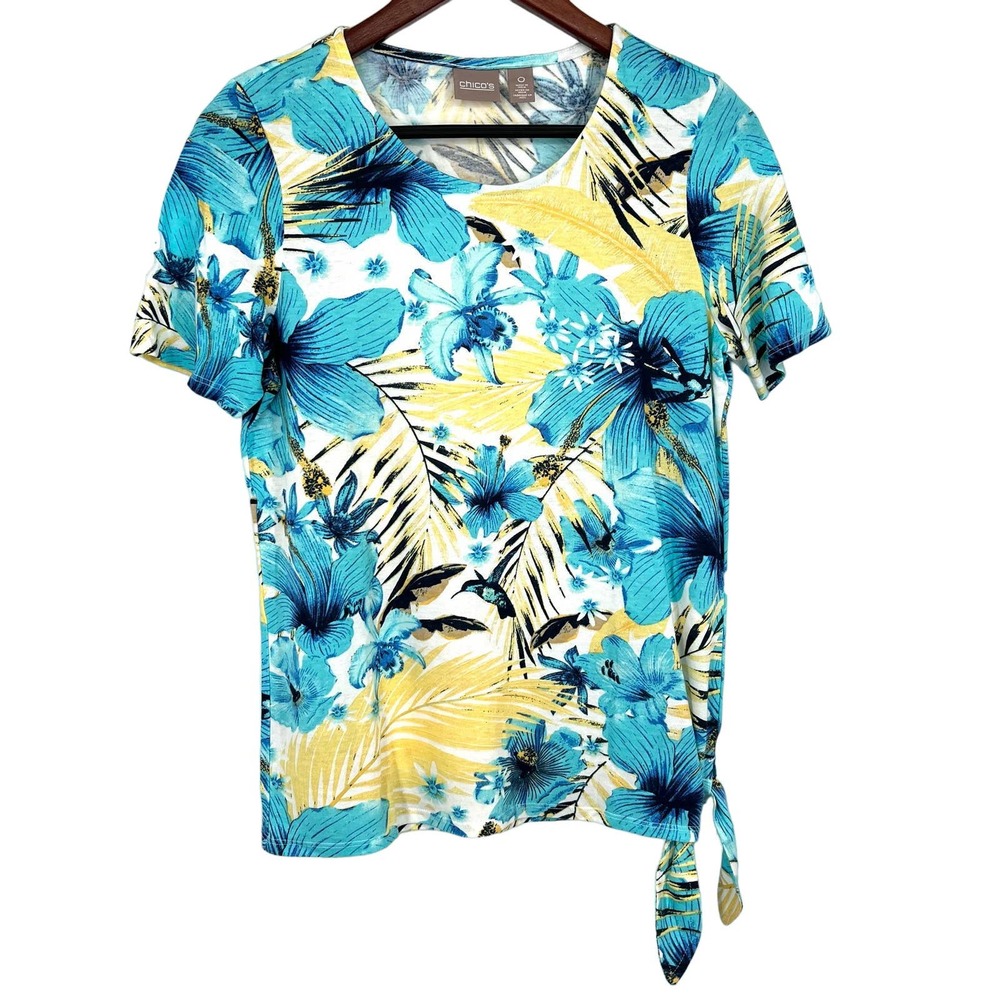 Chico's Womens Size 0 Small Blue Yellow Tropical Beach Blouse Shirt Top Floral